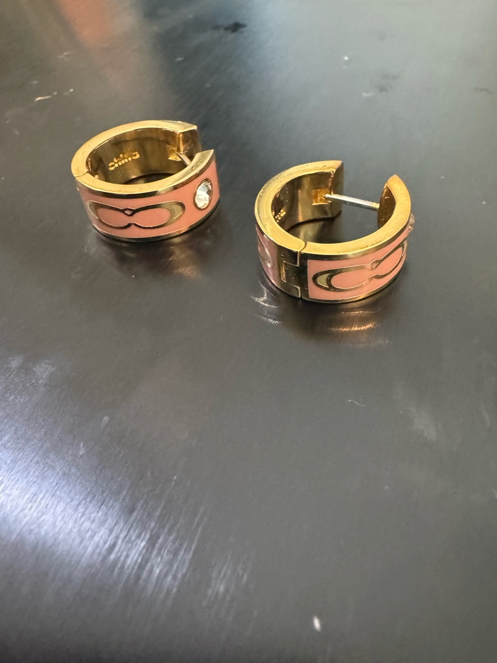 Coach Gold-Tone Kissing C’s Hoop Earrings with Pink Enamel and Crystal Accent